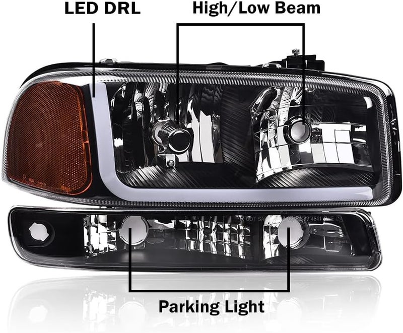 PIT66 LED Headlight Assembly, Compatible with 1999-2007 GMC Sierra, Fit 1999-2006 GMC Yukon, Replacement Headlamps Clear Lens Black Housing Amber Reflector - Image 3